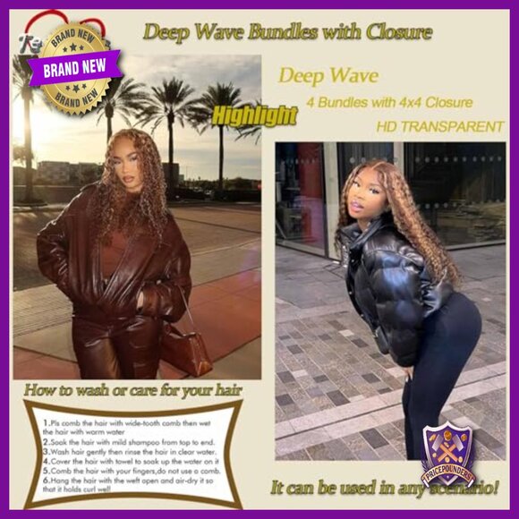 Deep Wave Human Hair Bundles with Lace Closure, 14-20+14 Inch Lengths main image 5